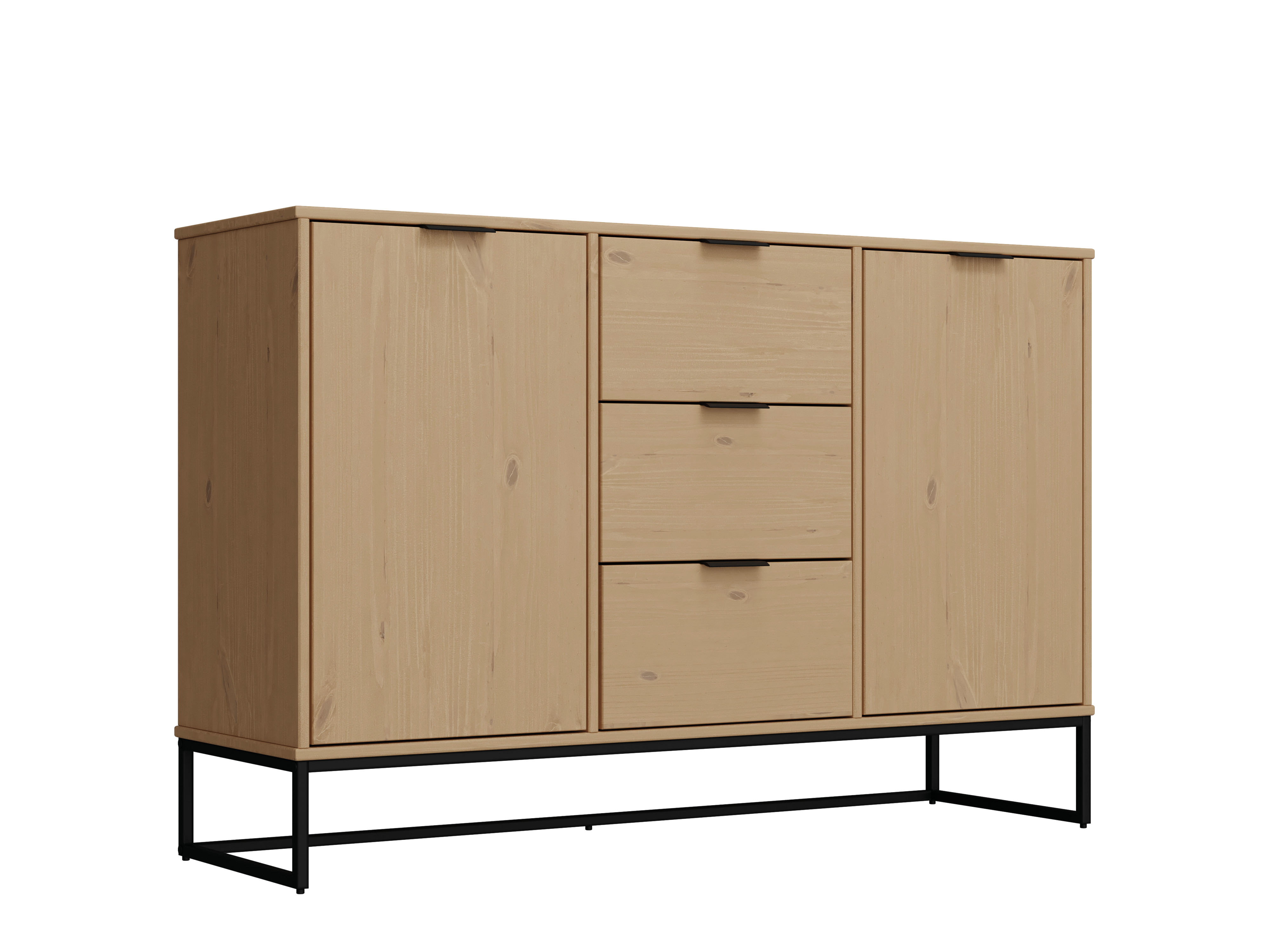 Nordic Living Collection Vivo Skænk       Låger    Skuffer    Hylder Natur Fyrretræ Lakeret   Oak Colori Og Sort Metal