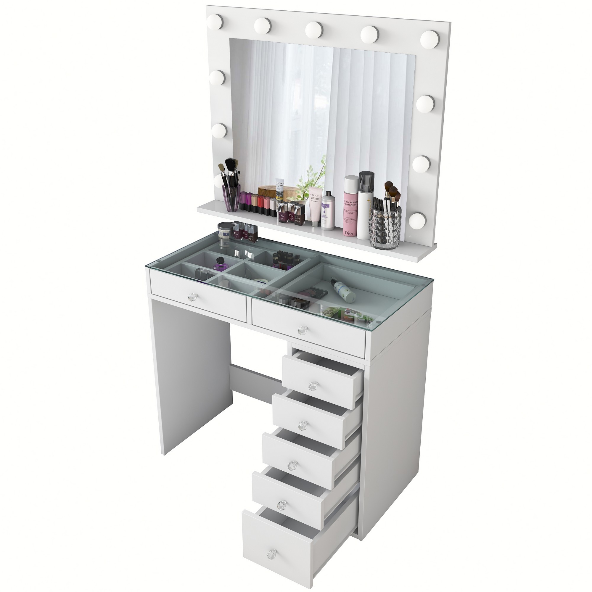 Nordvärk Bj117 Makeup Bord     Spejl  Lys    Skuffer Hvid Melamin  90x44