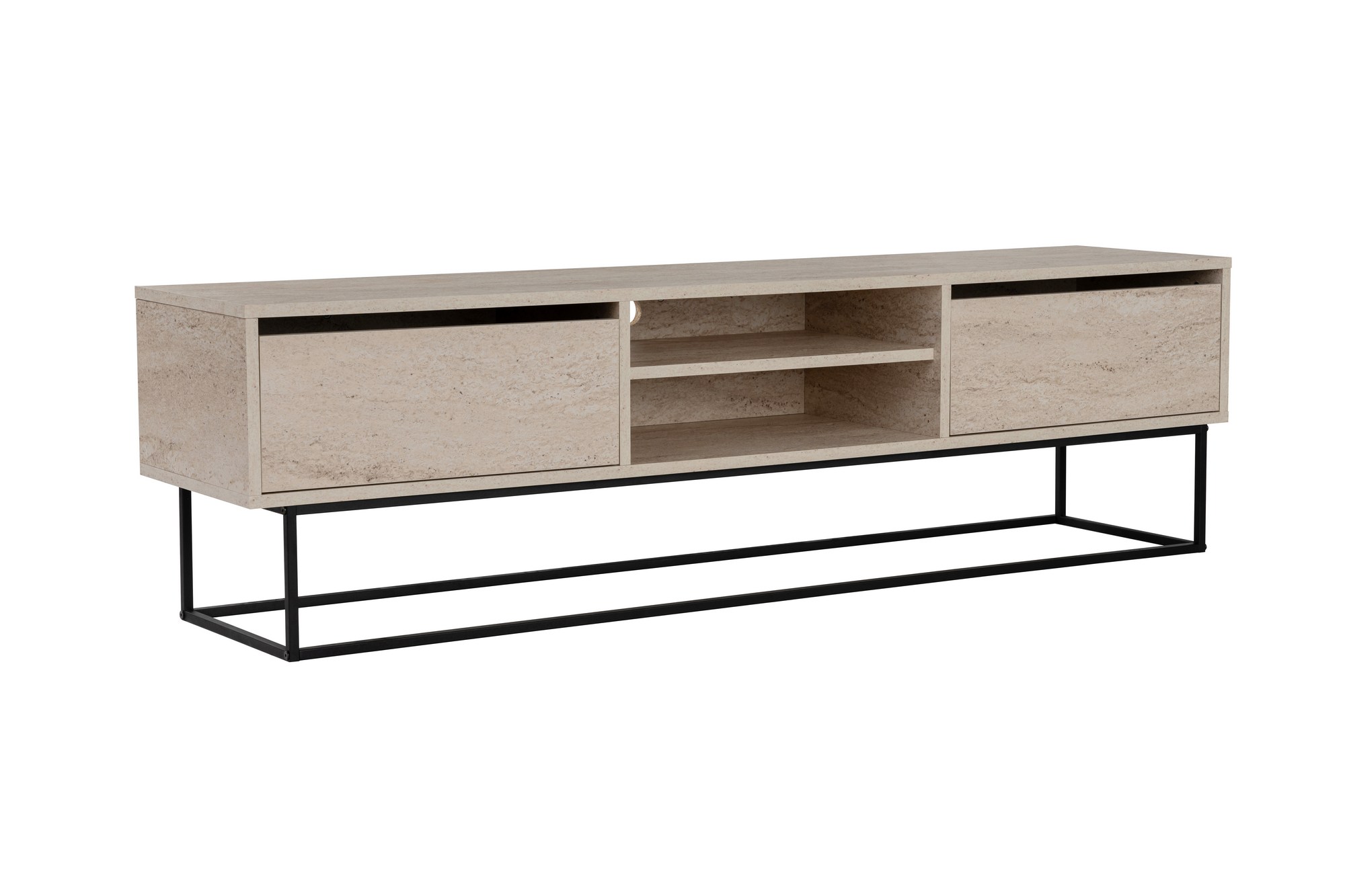 Nordvärk Escape 180 Tv-bord       Hylde Og   Skuffer Travertin Melamin Og Sort Jern  180x40