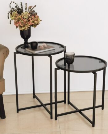 Nordvärk S412 Sidebord  Rund Sort Glas Og Sort Metal  Sæt Med