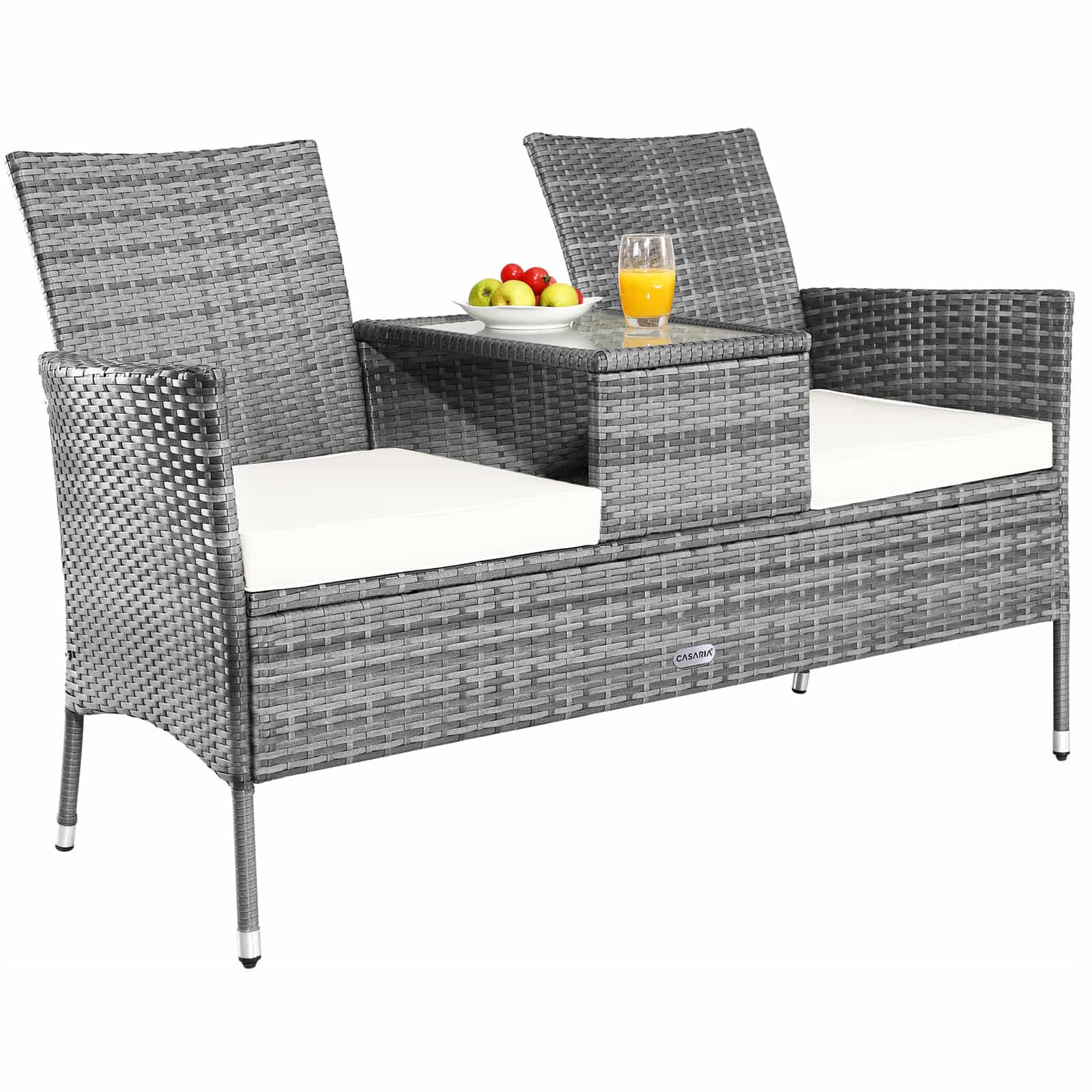 Polyrattan Havebænk Med Bord Grå Beige 143x64x87 Cm