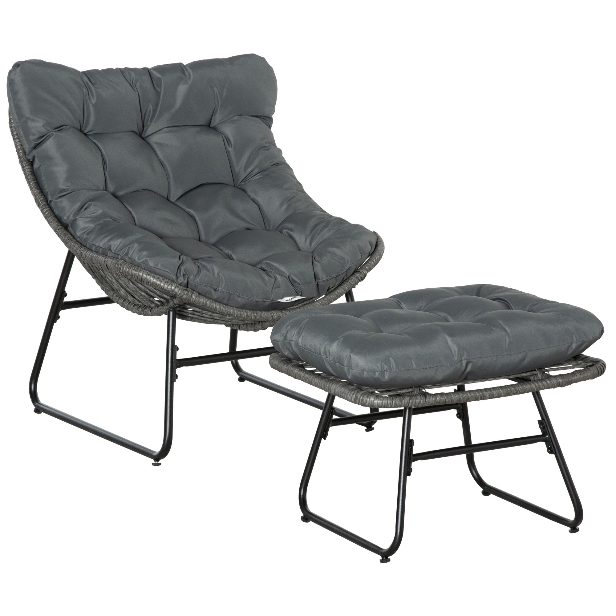 Rattan Afslapningsstol Med Fodskammel  Havestol Med Tykke Hynder  Udendørs Rattanstol  Havestol Til Have  Balkon  Terrasse  Grå