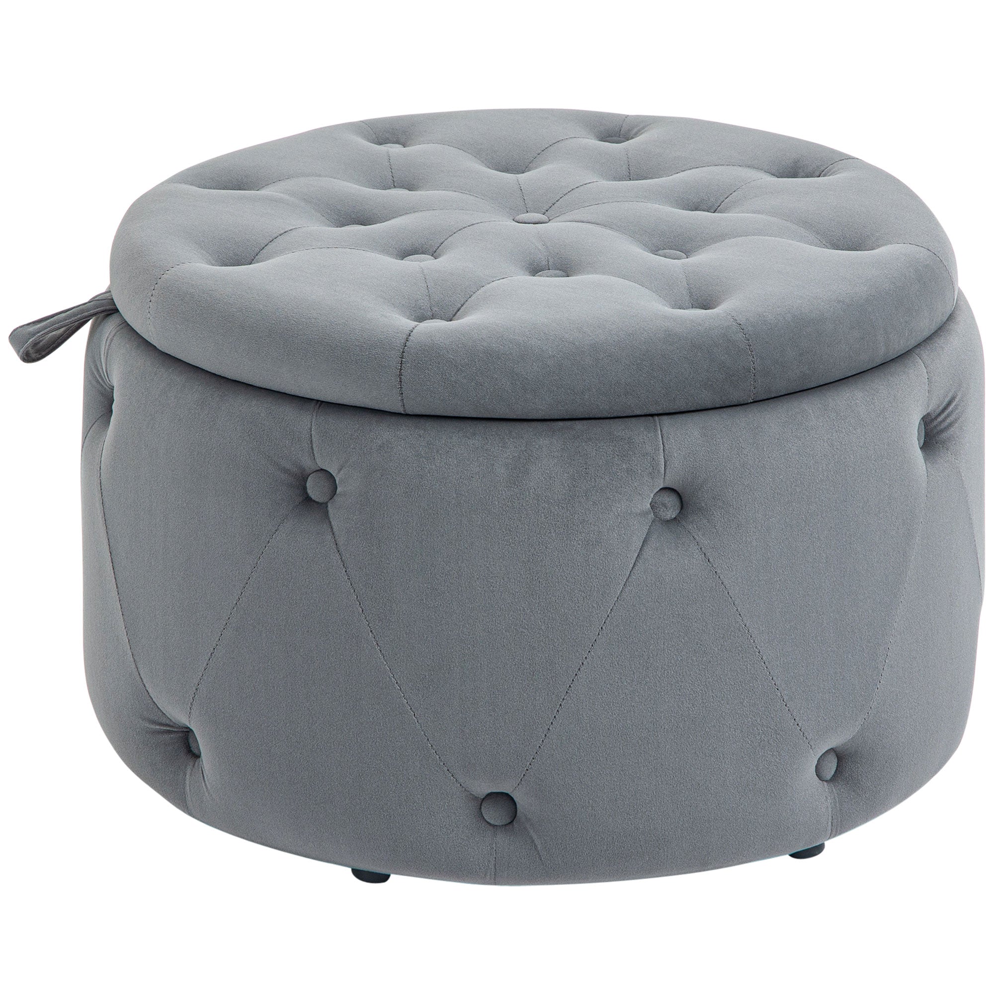 Rund Skammel Med Opbevaringsrum  Quiltet Design Med Knapper  Betræk   Fløjlslook  Grå  60   60   40 Cm