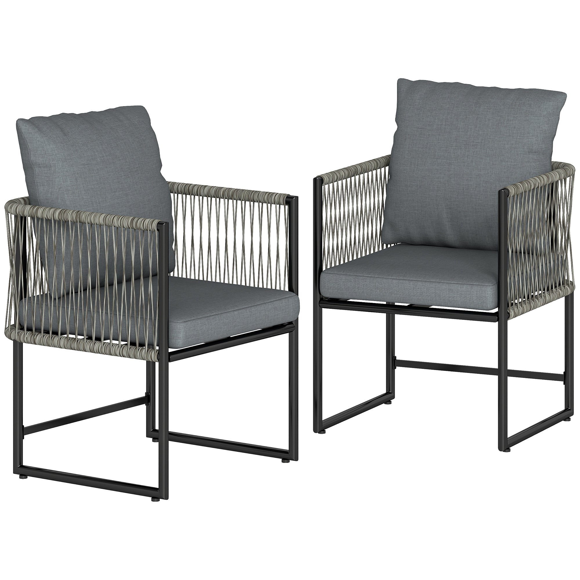 Sæt Med   Vejrbestandige Havestole Lavet Af Stål Og Pe-rattan Med Hynder  Armlæn Og Ryglæn  52x52x66 Cm  Mørkegrå