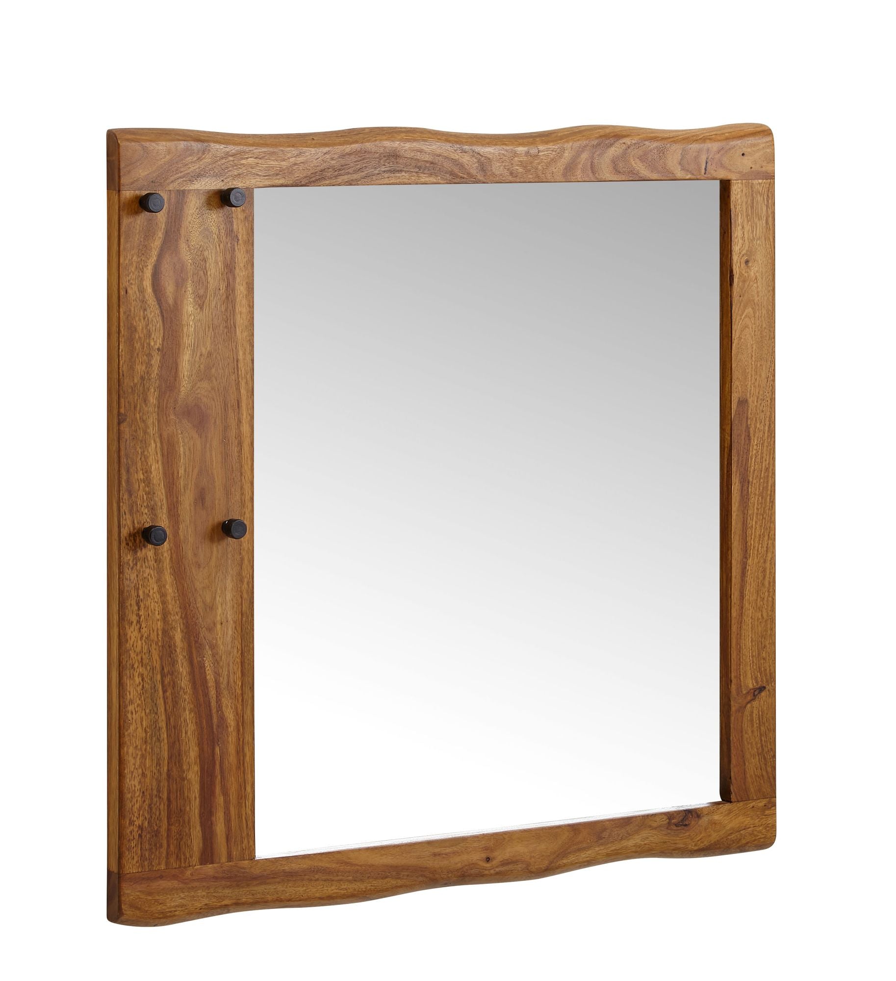 Sheesham Massivt Træ Vægspejl  80x80x3 Cm  Designer Entrespejl Med Levende Kant  Moderne Hængende Spejl Med Kroge  Stort Vægspejl  Moderne Garderobespejl