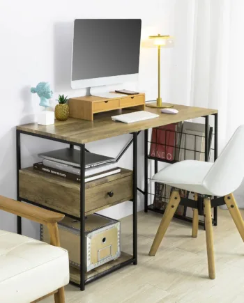 Skrivebord Med Skuffe Og Hylder  Industrielt Look  B118   D48   H75 Cm  Naturfarvet
