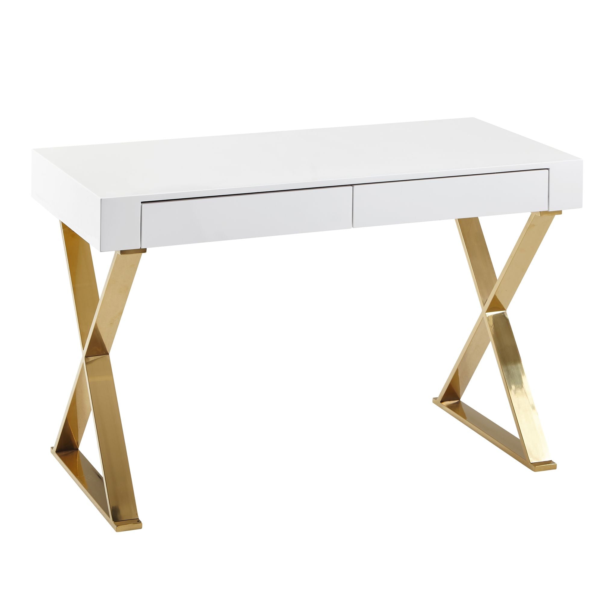 Skrivebord 118x76x57 Cm  Træ  Højglans Hvid  Metalben  Guld  Designer Computerbord  Pc-bord  Kontorbord  Moderne  Konsolbord Med Skuffer