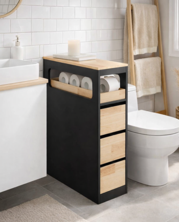 Smalt Badeværelsesskab Med   Skuffer  Pladsbesparende Rullevogn På Hjul  Velegnet Til Badeværelse  Toilet Og Køkkenopbevaring  65x23x82 Cm  Sort