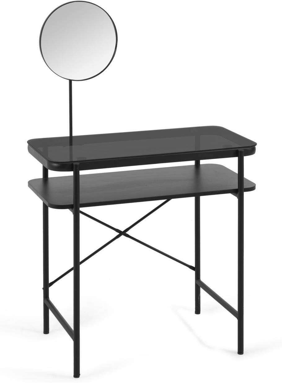 Sminkebord Makeup-bord Kave Home Galatia Sort Stål Og Glas Med Roterende Spejl Og Justerbare Ben  Industrielt Moderne Design  80x44 5x130 Cm