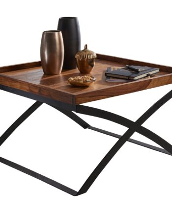Sofabord Wl5 595 63x39x63cm Sheesham Massivt Træ Metal Sofabord  Designer Stuebord Industriel Stil  Brunt Sort Sidebord  Designer Sofabord   Massivt Træ  Firkantet Bord