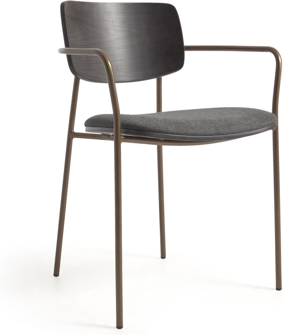 Spisebordsstol Med Armlæn Kave Home Maureen Grå Stof Antik Messing Metalramme Nordisk Industrielt Design Stabelbar