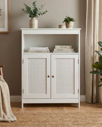 Stående Skab Hvidt 80cm Opbevaringsskab Med   Låger   Rattandesign Og Hylde  Kommode Med Skuffer  Wienerflet-sideskab