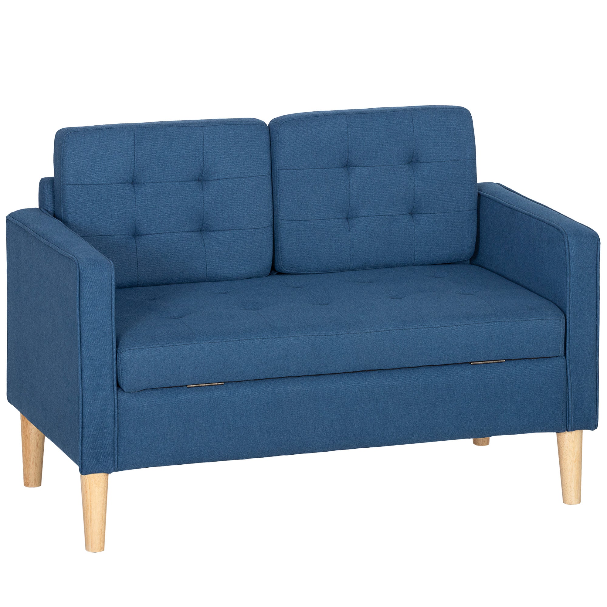 To-personers Sofa Med Opbevaring  Knapsyet Kant  Hynder  Gummitræ  117x62x78 Cm  Blå