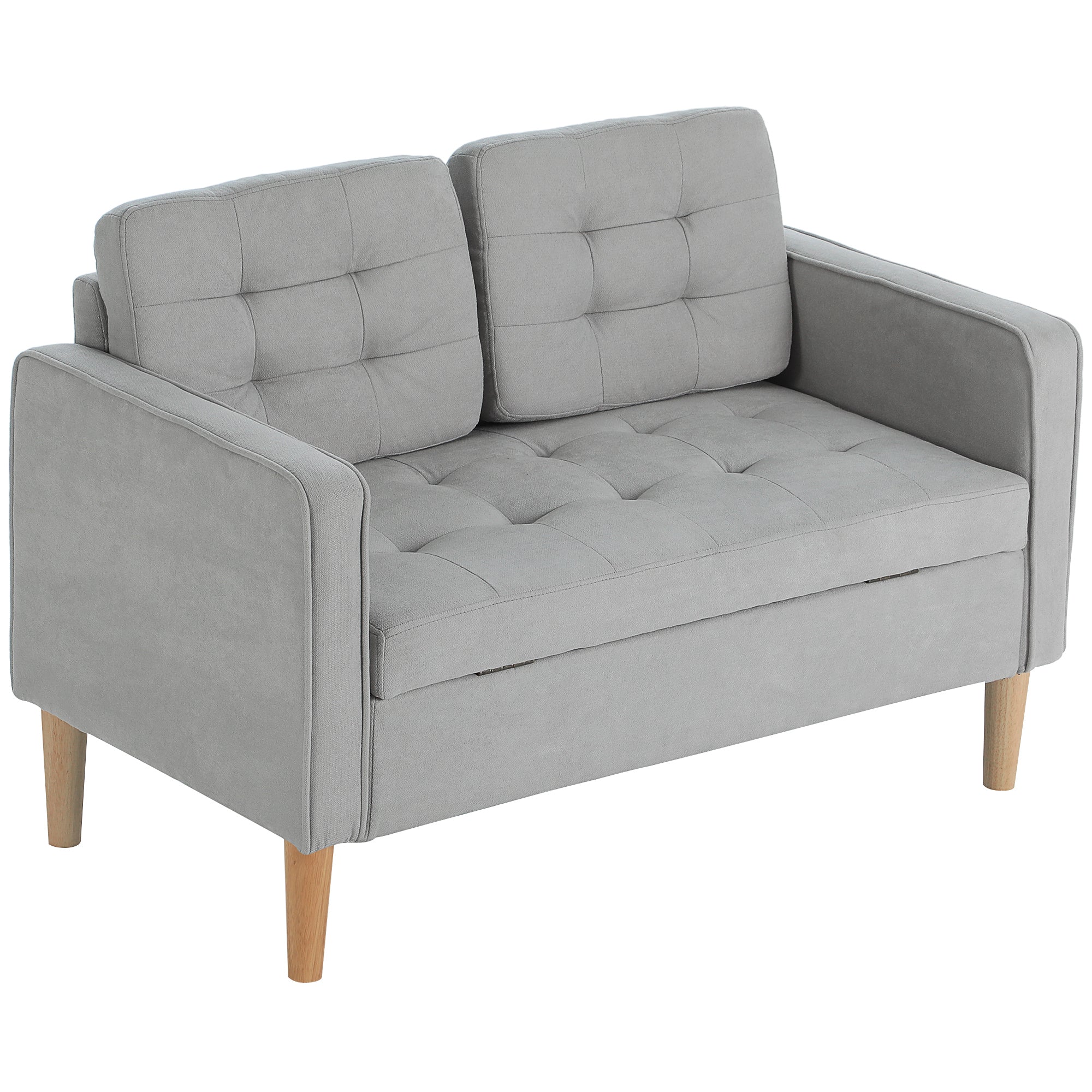 To-personers Sofa Med Opbevaring Knapsyninger Hynder Gummitræ 117x62x78cm Lysegrå