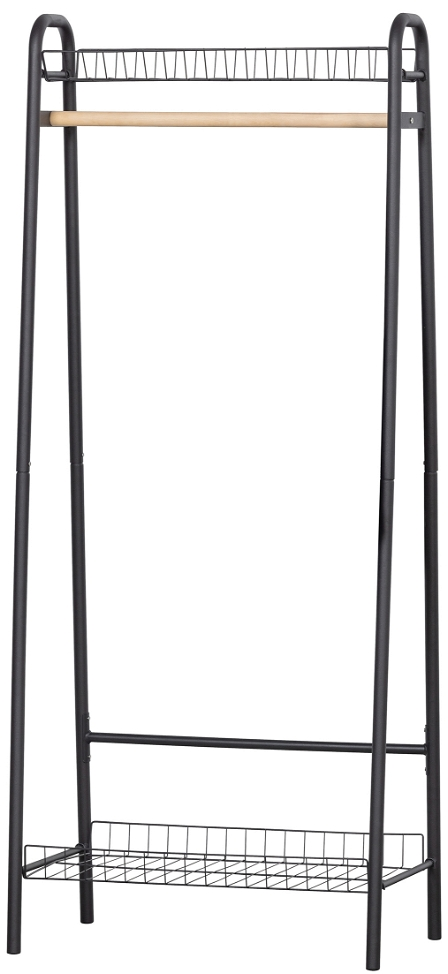 Tøjstativ Woood Jovi   Metal Garderobestativ Med Træstang     Trådhylder  Mat Sort  H167ã B70ã D41 Cm