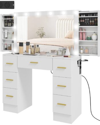 Toiletbord Med Spejl Og 12 Led-lys  Sminkebord Med   Skuffer  Spånplade  Hvid
