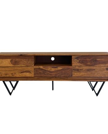 Tv-lavbord   Massivt Sheeshamtræ  160 Cm  Tv-bord Med Låger  Skuffe  åbent Rum Og Kabelhåndtering  Tv-bord Med 3d-fronter Og Sorte Metalfødder   Industrielt Design