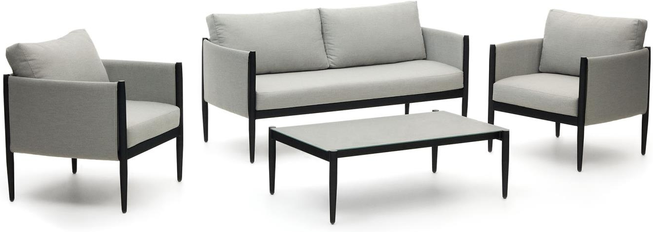 Udendørs Loungesæt Kave Home Satuna   Aluminium Og Teak Med Aftagelige Grå Puder