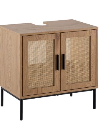 Vaskeskab Med Egetræslook 60x60x40 Cm Med Døre  Badeværelsesskab Med Rottingflet  Fritstående Vaskeskab  Lille Badeværelsesskab   Mellemhøjde  Håndvask