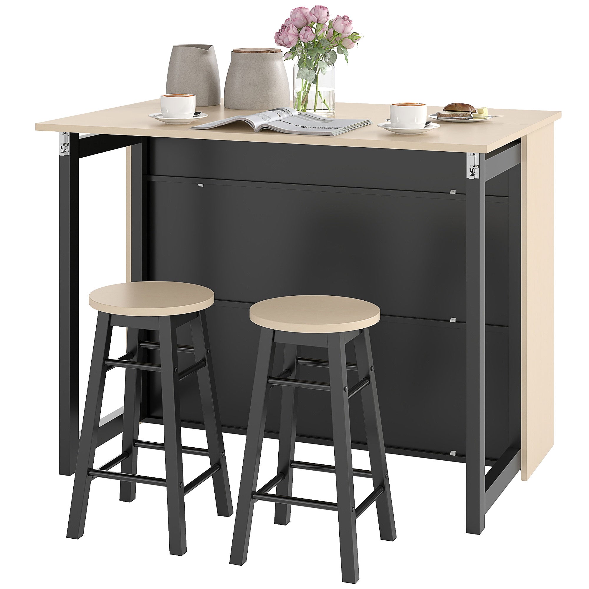 -delt Barsæt Barbord Med Foldbar Bordplade Barstole Opbevaringsrum Sort Eg 116 70 89 Cm