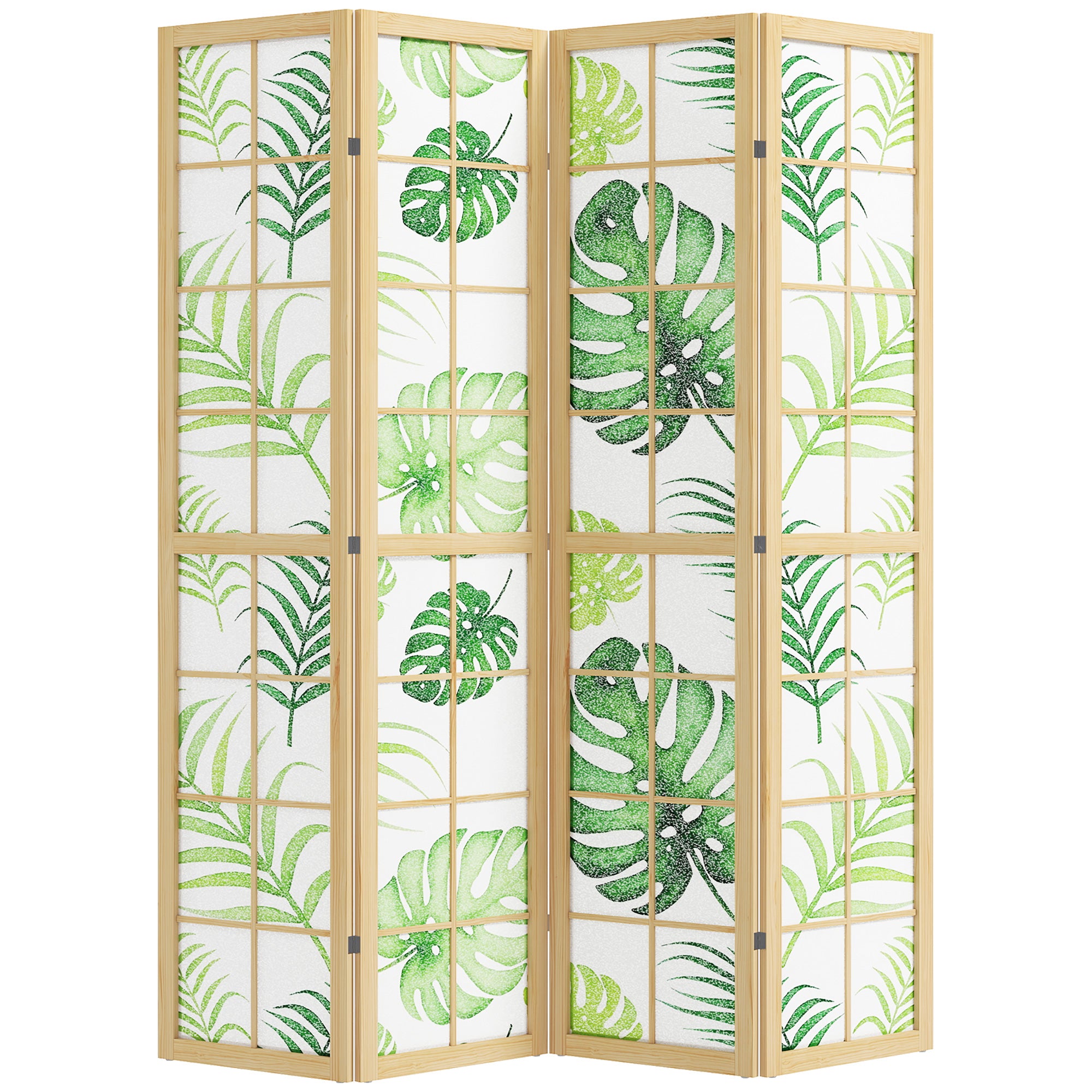 -delt Rumdeler Foldbar Boho Design Tropisk Motiv Fritstående Rumdeler Træramme Grøn